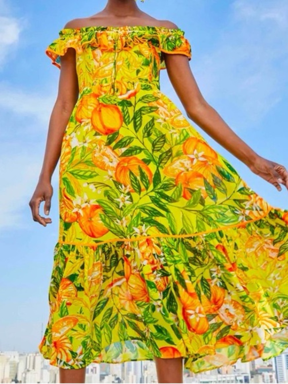 FARM Rio Yellow Off-Shoulder Midi Dress with Green Leaves and Orange Flowers